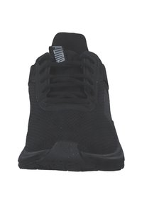 Schwarzer Laufschuh mit einem strukturierten Obermaterial aus Stoff, gepolsterter Zunge, flachen Schnürsenkeln und einer Gummisohle. Mit kleinem Logo auf der Zunge.
