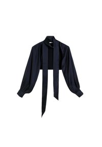 Blusa corta de color azul marino con mangas largas en estilo globo, un cuello alto y dos lazos largos que se extienden desde la parte frontal. Textura suave de satén.