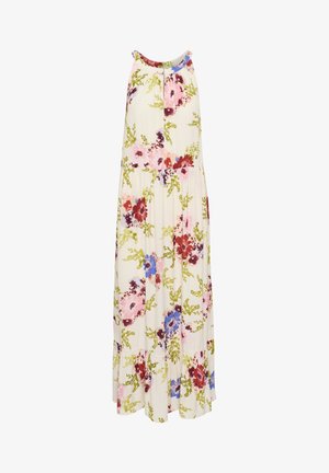Robe maxi florale avec un fond crème, ornée de fleurs multicolores en rose, rouge et bleu, et dotée d'une taille froncée avec un col rond.