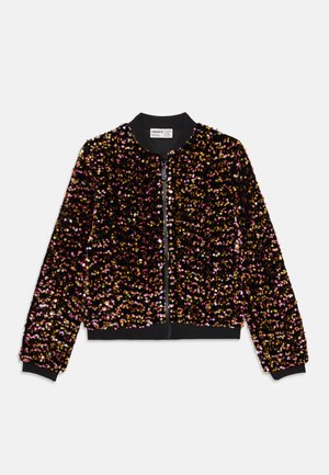 Schwarze Zip-Jacke mit langen Ärmeln, bedeckt mit pinkfarbenen, goldenen und irisierenden Pailletten, mit geripptem Kragen, Bündchen und Saum.