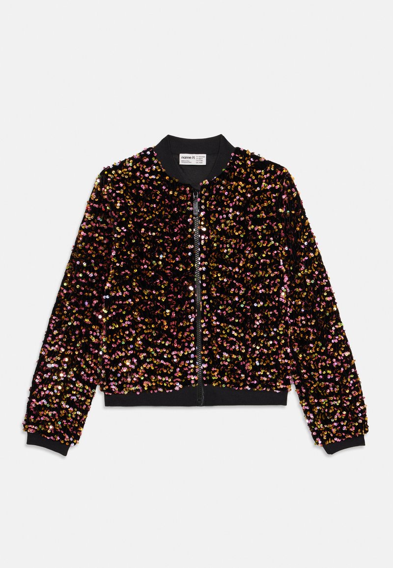 Μαύρο σακάκι με φερμουάρ και μακριά μανίκια, καλυμμένο με ροζ, χρυσά και ιριδίζοντα παγιέτες, με ραμμένο γιακά, μανίκια και στρίφωμα.