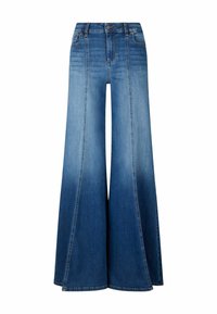 Laiad jooted tuhmus sinises denimis, kõrge vöökoht ja suured flöödid, millel on õmbluste ääres peened õmblused.