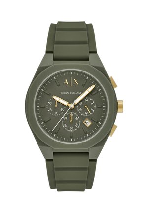 Armani Exchange green silicone strap watch with gold accents, chronograph subdials, and date window at 4 o’clock.
