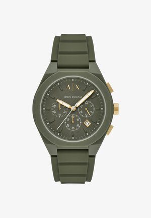 Armani Exchange horloge met groene siliconen band, gouden accenten, chronograaf subwijzerplaten en datumvenster bij 4 uur.