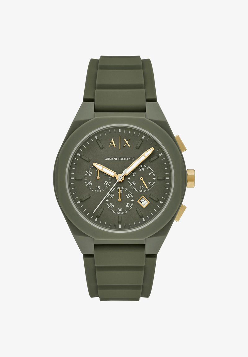 Armani Exchange vihreällä silikonirannekkeella varustettu kello, jossa on kultaiset yksityiskohdat, kronografialanäytöt ja päivämääränäyttö klo 4.