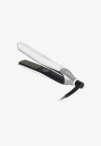 Piastra per capelli con corpo bianco elegante e piastre in ceramica nera, caratterizzata da un accento argento e da un cavo di alimentazione avvolto a spirale.