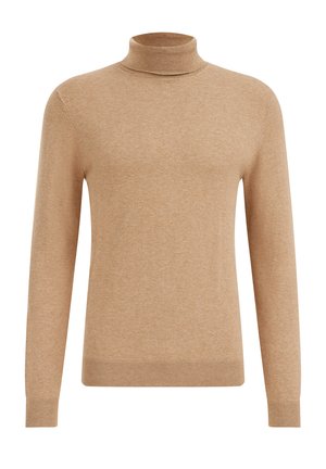 Maglione a collo alto beige realizzato in morbido tessuto a maglia. Presenta maniche lunghe e finiture a costine sul collo e sui polsini. Design semplice e classico.