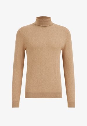 Beige coltrui gemaakt van zachte brei-stof. Voorzien van lange mouwen en geribbelde accenten bij de halslijn en manchet. Eenvoudig, klassiek ontwerp.