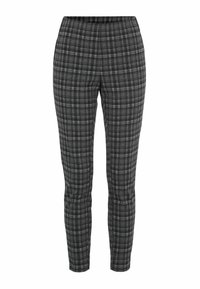 Slim-fit nilkkapituiset housut, joissa on musta, harmaa ja valkoinen ruutukuosi, joustava vyötärö ja ilman näkyviä taskuja tai kiinnityksiä.