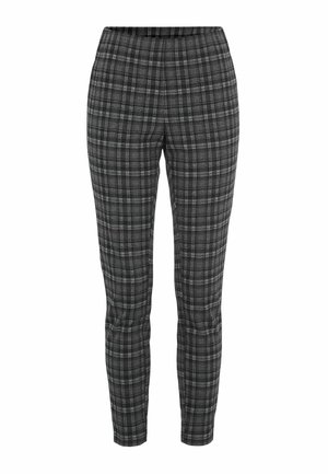 Slim-fit nilkkapituiset housut, joissa on musta, harmaa ja valkoinen ruutukuosi, joustava vyötärö ja ilman näkyviä taskuja tai kiinnityksiä.