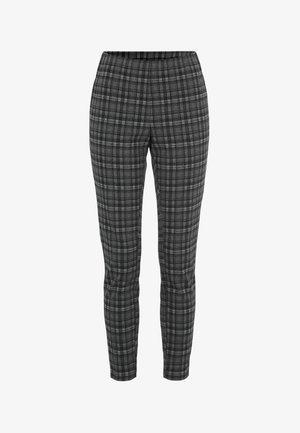 Slim-fit ankellange bukser med sort, grå og hvid plaidmønster, elastisk talje og uden synlige lommer eller lukninger.