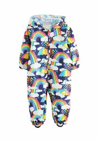 Colorful rain suit featuring a navy background with rainbow, cloud, and umbrella patterns. Material appears waterproof with elastic cuffs.