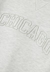 Sweatshirt gris clair avec broderie en relief affichant "CHICAGO" dans un style audacieux et en blocs sur le devant avec une surface texturée.