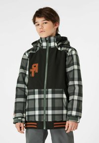 Veste à carreaux noire et grise avec capuche, dotée d'un zip frontal, d'un patch logo sur la poitrine et d'accents rayés en bas.