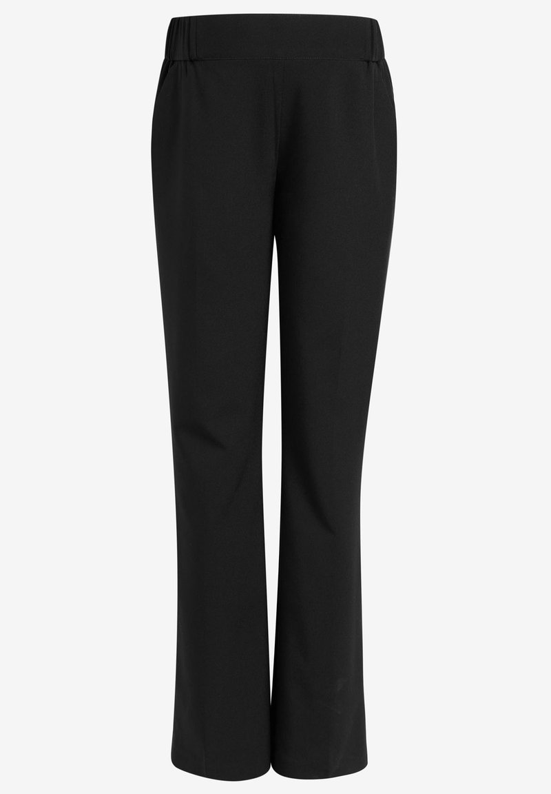 Pantalon noir droit avec une taille élastique, tissu lisse, sans poches visibles ni ornements.