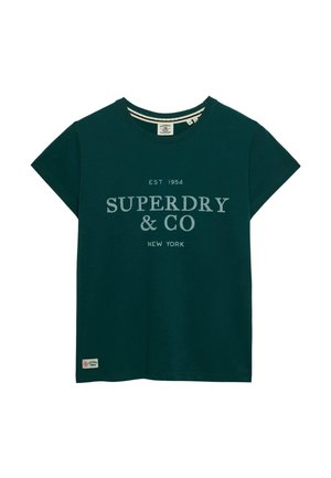 Dark green short-sleeve t-shirt with "EST 1954 SUPERDRY & CO NEW YORK" printed in light gray on the front and a small stitched label near the hem.