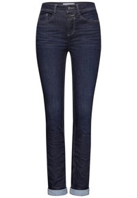 Slim-fit mörkblå jeans med en slät yta, klassisk femficksdesign, sömnadsdetaljer och uppvikta benslut. Tillverkade av denimmaterial.