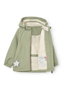 Ανοιχτό πράσινο παιδικό τζάκετ με κουκούλα, με μπεζ επένδυση φλις, ελαστικές μανσέτες, μπροστινές τσέπες και φερμουάρ με εξάρτημα σε σχήμα αστέρι.