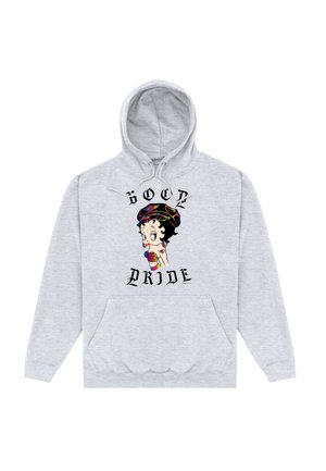 Szara bluza z kapturem i kieszenią z przodu, z ilustracją postaci oraz napisem "SOCIAL PRIDE" napisanym dużymi czarnymi literami.