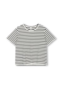 Camiseta de manga corta hecha de algodón suave, con rayas horizontales en blanco y negro, cuello redondo y corte relajado.
