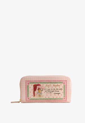 Pink zippered wallet with embroidered Paddington bear illustration and quote, bordered by green leaves and red checkered pattern.