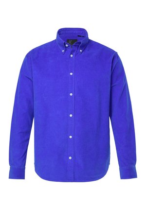 Blauwe corduroy overhemd met een button-down kraag, lange mouwen en een frontale knoopsluiting. Struktuurstof met verticale ribbels.