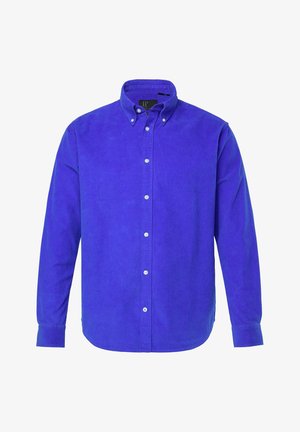 Blauwe corduroy overhemd met een button-down kraag, lange mouwen en een frontale knoopsluiting. Struktuurstof met verticale ribbels.