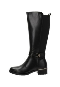 Botas de cuero y tejido negras hasta la rodilla, con un diseño elegante, un acento de hebilla y un tacón bajo y grueso con suelas texturizadas.