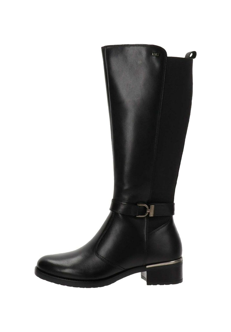 Botas de cuero y tejido negras hasta la rodilla, con un diseño elegante, un acento de hebilla y un tacón bajo y grueso con suelas texturizadas.