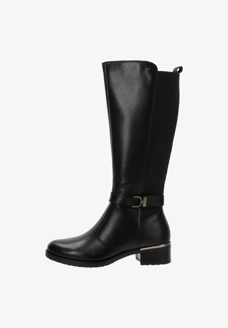 Botas de cuero y tejido negras hasta la rodilla, con un diseño elegante, un acento de hebilla y un tacón bajo y grueso con suelas texturizadas.