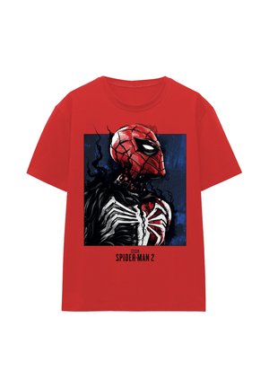 Red T-shirt with a graphic of Spider-Man's head and chest partially covered by a black symbiote suit, with "Spider-Man 2" text below.
