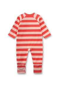 Long-sleeve baby onesie with coral and pale pink horizontal stripes, shown from the back with one leg cuff folded up.