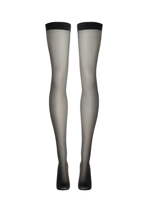 Svarta fisknätsstrumpor som går upp till låret med en bred svart kant upptill. Texturen är rutliknande och ger ett transparent utseende.