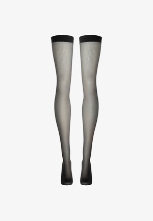 Bas autofixants noirs en résille avec une large bande noire en haut. La texture est en forme de grille, offrant un aspect transparent.