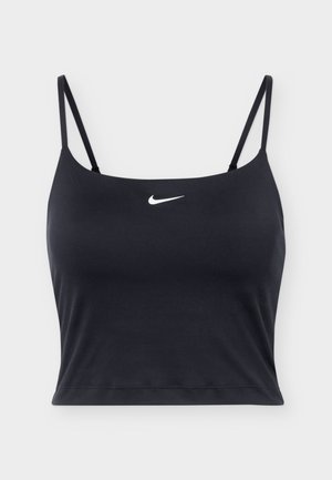 Zwarte cropped tanktop met dunne bandjes en wit Nike Swoosh-logo in het midden van de borst tegen een witte achtergrond.
