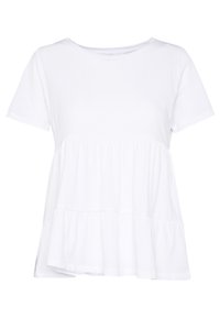 Bílá blůza s krátkým rukávem a kulatým výstřihem s vrstveným volánkem. Vyrobená z měkké bavlněné látky, která se vyznačuje lehkým a hladkým povrchem.