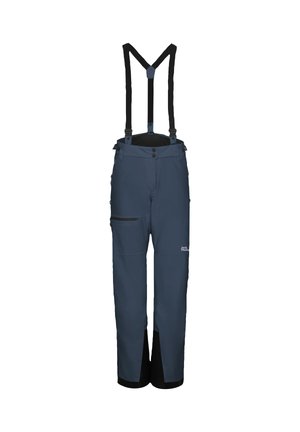 Navy waterproof ski pants with adjustable black suspender straps, zippered pockets, reinforced lower cuffs, and a logo on the leg.