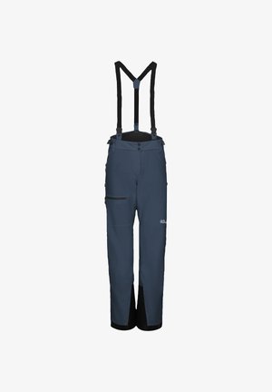 Navy waterproof ski pants with adjustable black suspender straps, zippered pockets, reinforced lower cuffs, and a logo on the leg.