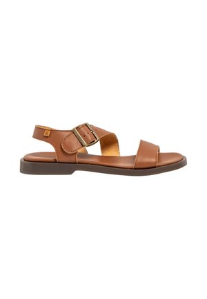 Brun åben tå læder sandal med flad sål, justerbar side spænde rem og bagrem til hælstøtte.