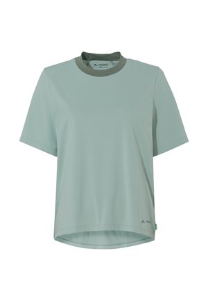 Light green short-sleeve athletic shirt with a round neck, made from textured fabric, featuring a slightly curved hem and logo detail.