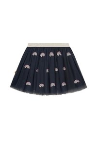 Navy Tüllrock mit einem silbernen elastischen Bund, verziert mit mehrfarbigen gestickten Regenbögen.