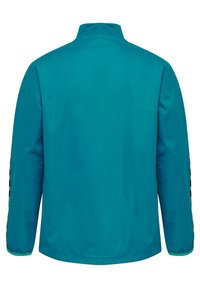 Teal windbreaker jas met een hoge kraag, lange mouwen, elastische boorden en een ruitjespatroon aan de zijkanten. Gladde stofafwerking.