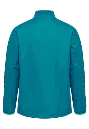 Teal windbreaker jacket with a high collar, long sleeves, elastic cuffs, and a checkerboard pattern on the sides. Smooth fabric finish.