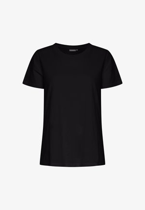 Zwart T-shirt met korte mouwen van zachte stof, voorzien van een ronde hals en een losse pasvorm, met een gladde textuur zonder zichtbare patronen of accenten.