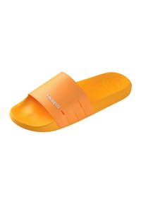 Sandale orange vif à une bride avec semelle texturée et large bride portant le petit nom de la marque "Havaianas".