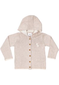 Maglione lavorato a maglia color beige chiaro con cappuccio, dotato di bottoni in legno e morbida fodera interna. Decorato con due piccoli cuori ricamati.