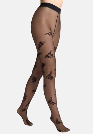Czarne przejrzyste rajstopy z kwiatowym wzorem koronki pokrywającym nogi, wyposażone w jednolity czarny pas i szew przebiegający wzdłuż wewnętrznej strony uda.