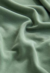 Weicher, leichter Stoff in einem sanften Grünton, der eine glatte Textur mit feiner Rippung und sanftem Fall aufweist und dezente Falten zeigt.