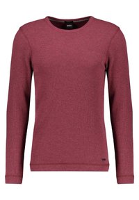 Bordeauxroter Sweatshirt mit langen Ärmeln aus strukturiertem Stoff. Verfügt über einen Rundhalsausschnitt, gerippte Bündchen und ein kleines Logotag unten links.