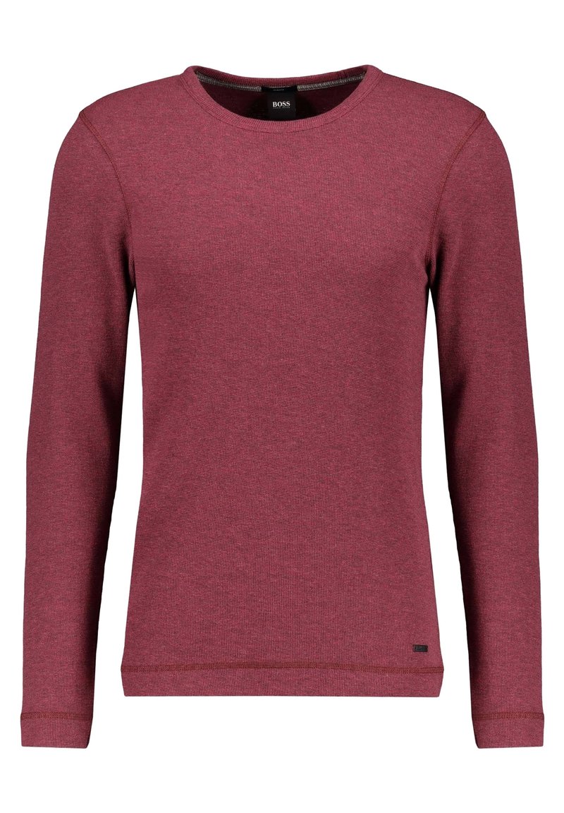 Bordeauxroter Sweatshirt mit langen Ärmeln aus strukturiertem Stoff. Verfügt über einen Rundhalsausschnitt, gerippte Bündchen und ein kleines Logotag unten links.